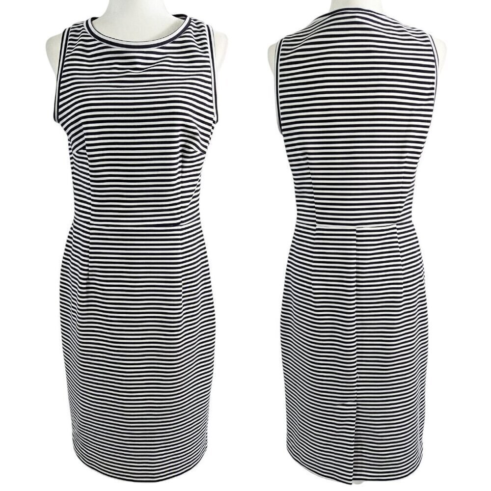 Zara White Navy Blue Stripe Knit Sleeveless Sheath Midi Dress Nautical Preppy